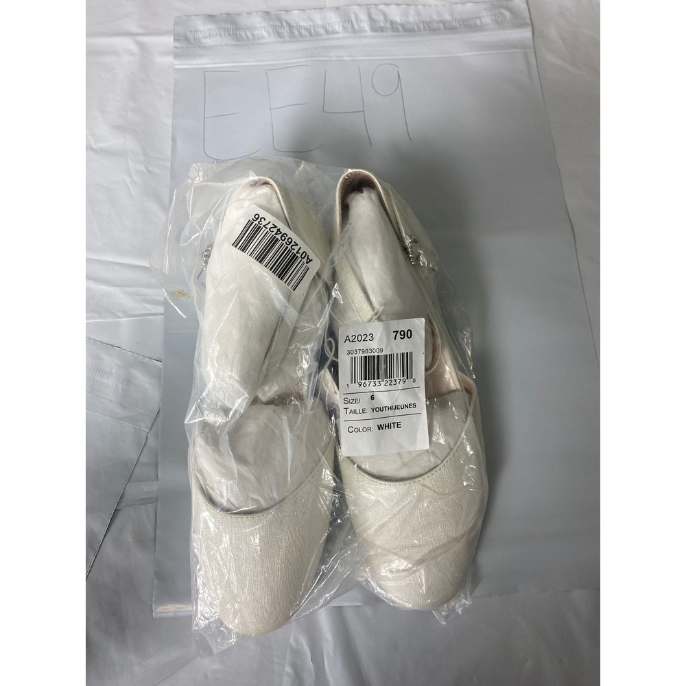 ACE Girls White Ballet Flats Dress Shoes Size 6 Youth Rhinestone Bow NWT